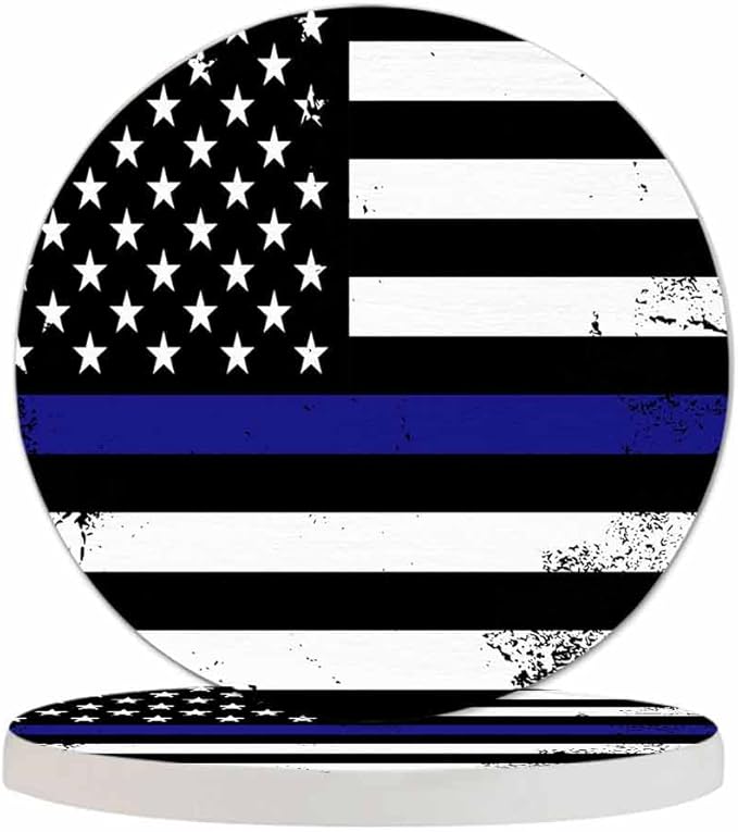 American Flag Coaster Thin Blue Line Support Nation Patriotic Symbol Tabletop Protection for Any Table Type Wood, Granite, Glass, Soapstone, Sandstone, Marble, Stone Tables