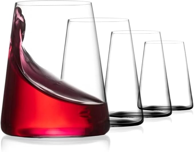 BENETI German Made Stemless Wine Glasses set 4 | Premium 17oz Stemless Wine Glass | Crystal Glass Cups For Red & White Wine, Modern Durable Drinking Glasses