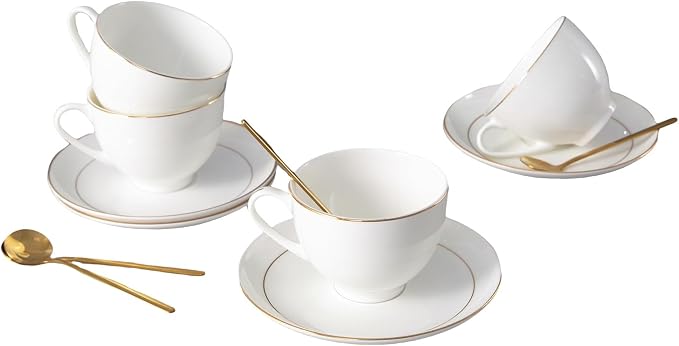 Bone China Tea Cups and Saucers Set – White Luxury Fine Porcelain Mugs by AuredenBoneChina