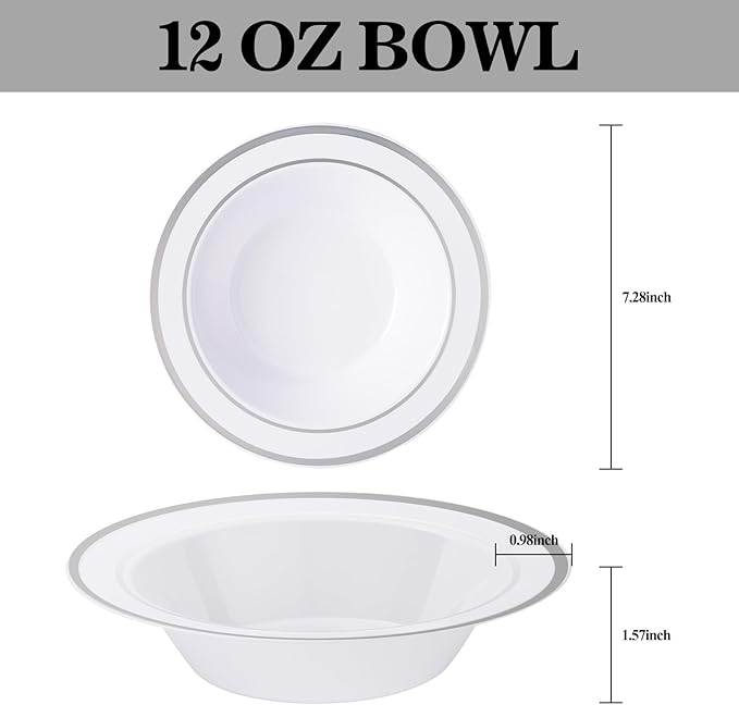 50pc Disposable Soup Bowls With Silver Rim,12oz Disposable Soup Bowls,Disposable Soup Dessert Salad Bowls for Wedding/Party/Catered Events