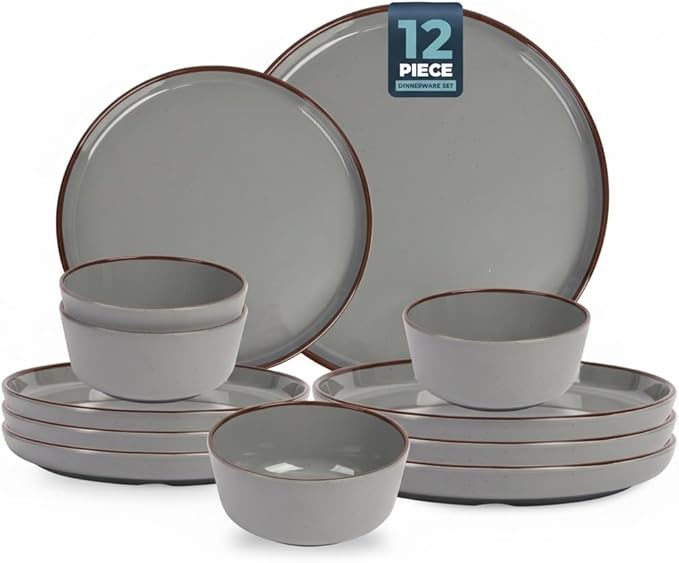 Melamine Dinnerware Sets 12 Piece Unbreakable Plates & Bowls Sets Lightweight Shatterproof Durable Dishware for Camping Picnic Party (Fog Gray)