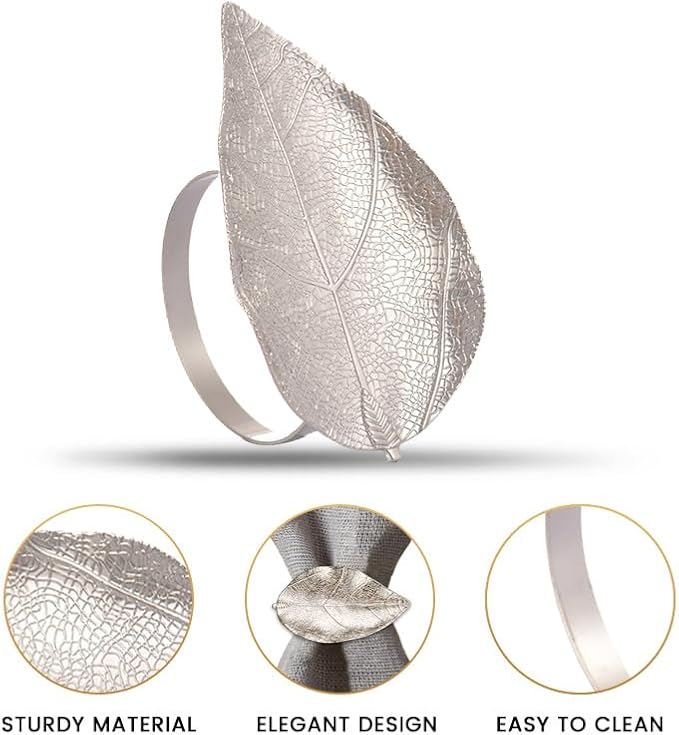 Decozen Set of 4 Silver Napkin Rings in Leaf Design, Festive, Table Decor Setting for Holiday, Wedding, Birthday, Kitchen, Home Decor, Housewarming Gift - Mothers Day Decorations