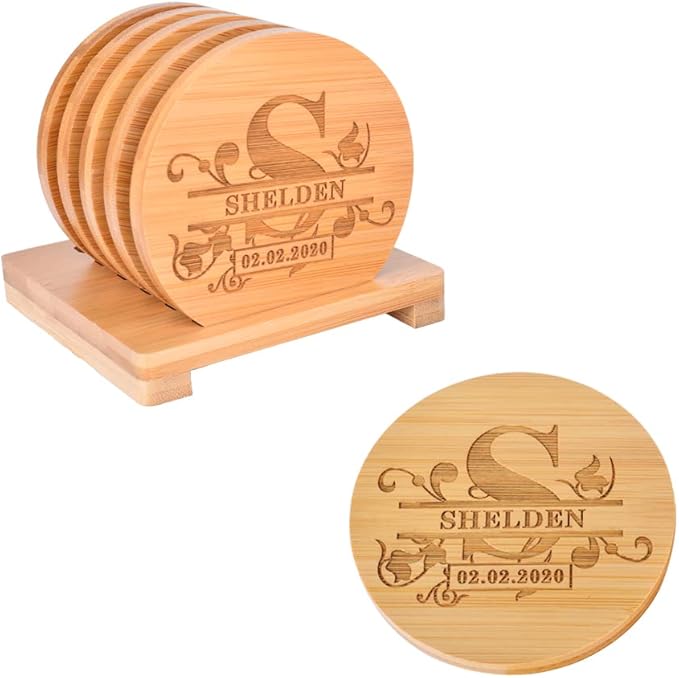 Personalized Bamboo Coasters, Custom Engraved Monogram Coasters with Holder, Great Gifts for Relatives, Friends or Yourself (Set of 6)