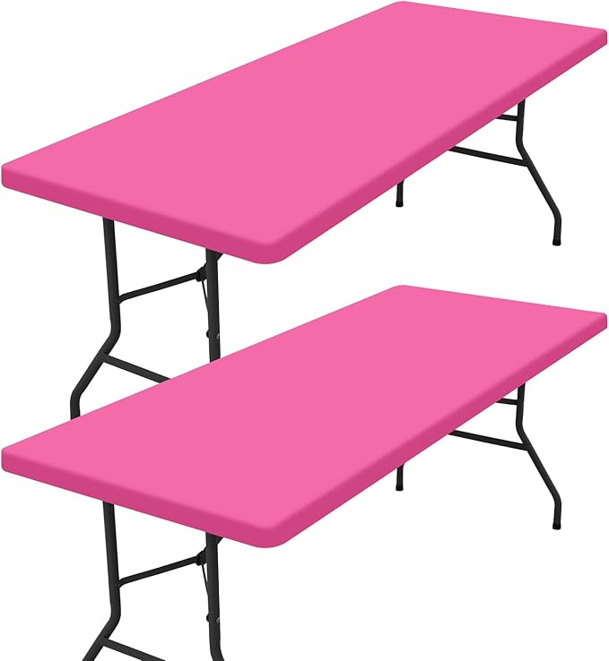homing 2 Pack Rectangle Table Cloth, Elastic Fitted Fabric Tablecloth Fits for 4 Foot Folding Tables, Washable Table Cover for Picnic, Camping, Indoor & Outdoor (Rose Pink, 24" x 48")