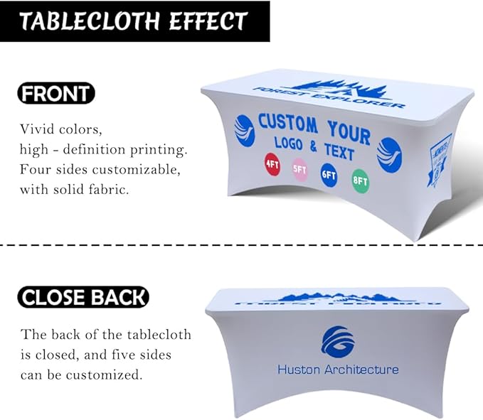 Personalized Table Cloth with Logo Image Customized Tablecloth 4FT/5FT/6FT/8FT Spandex Customized Table Cover Promotional Business Tradeshow Events Birthday Party Wedding (8FT Spandex(Closed back))