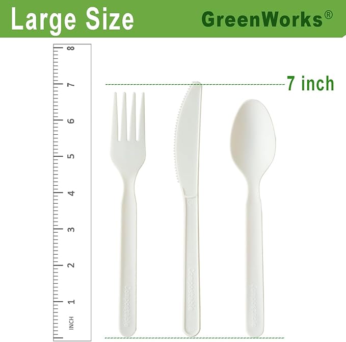 GreenWorks 1000 Count 7" Heavy-duty Compostable Forks, BPI Certified Large Bulk Disposable Cutlery Fork