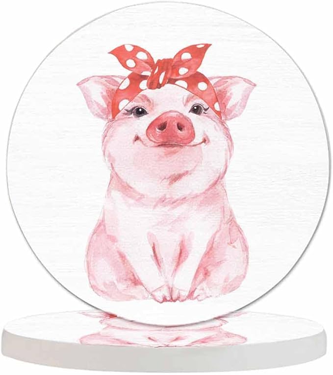 Cute Pig with Bandana Coasters for Drinks Cartoon Animal Sketch Portrait Sit Lovely Adorable Farm for Tabletop Protection Coffee Table Living Room Kitchen Office Home Decor 2 Pcs,4 Inch
