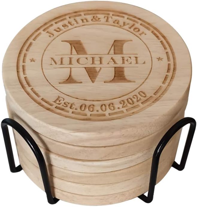 Personalized Monogram Coasters, Custom Engraved - Wooden Drink Coasters, Set of 6 - Great Gifts