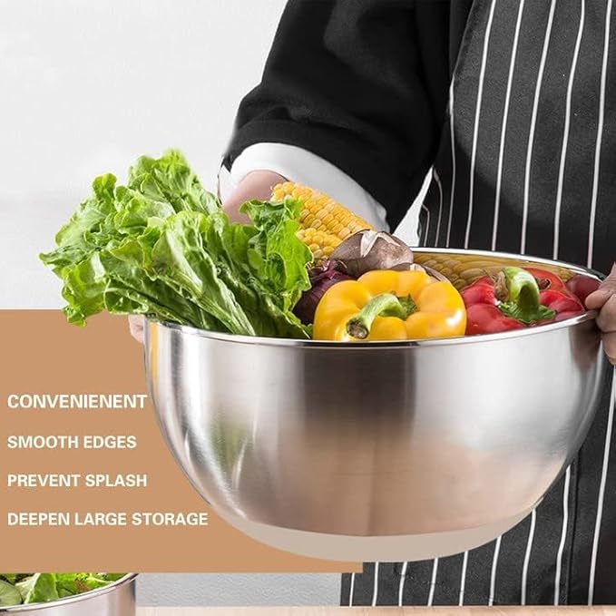 Mixing Bowls with Airtight Lids, 20 piece Stainless Steel Metal Nesting Bowls, Non-Slip Silicone Bottom, Size 7, 3.5, 2.5, 2.0,1.5, 1,0.67QT Great for Mixing, Baking, Serving (Khaki)
