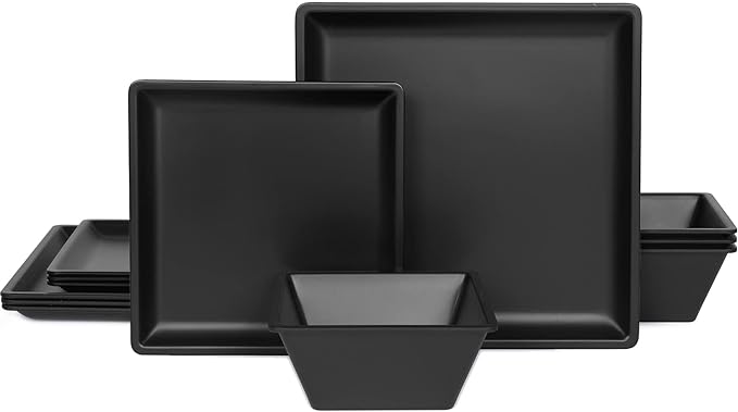 12 Piece Melamine Plates and Bowls Sets Square Dinner Set with Plates, Dishes, Bowls, Black Square Dinnerware Sets -Serving Platers for 4 Dishwasher Safe