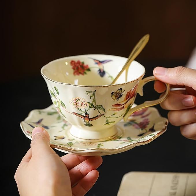 fanquare Vintage Spring Style Tea Cup and Saucer Set, 8 oz Porcelain Coffee Cup - Image 4