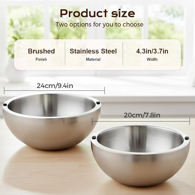 304 Stainless Steel Insulated Salad & Dipping Bowl, 2026 Double Wall Chill Serving Bowl with Ice/Hot Water, Insulated Dish Platter Keeps Salsa, Guacamole, Salad & Food (Caliber 20×9CM)