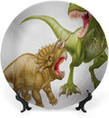 Ceramic Plates, Dinosaur Decorative Ceramic Plates, Rex Versus Triceratops Scaring Each Other, 8 Inch, for Dining, Parties, Wedding, Green Pink Pale Brown