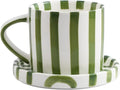 Cup and Saucer Set Hand-Painted Green Stripes, 8 Oz Ceramic Coffee Mug by Unknown