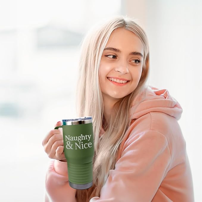 Speedy Pros Tumbler Cups with Straw Naughty & Nice Christmas Xmas Coffee Tumbler with Lid Personalized Insulated Travel Mugs Engraved Stainless-Steel 20 Oz Forest Green Design Only
