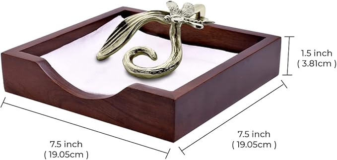 Napkin Holder - Solid Wood Brown Finish Home Decor & Kitchen Decor Table Countertop Serviette & Tissue Holder with Metal Ornament Arm in Silver Gold Finish - Indoor and Outdoor Use - Dragonfly Design