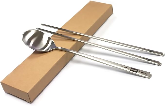 SUPIA Korean Traditional Cutlery Stainless Steel Spoons and Chopsticks Set Tableware with Long-hand, Reusable (Silver Fish)