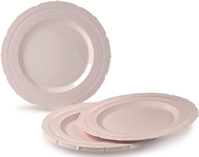" OCCASIONS " 320pcs set (40 Guests)-Extra Heavyweight Vintage Wedding Disposable/Reusable Plastic Plates -40 x 11'' + 40 x 8.25''+Silverware+Cups+Napkins (Chateau in Pink Blush)