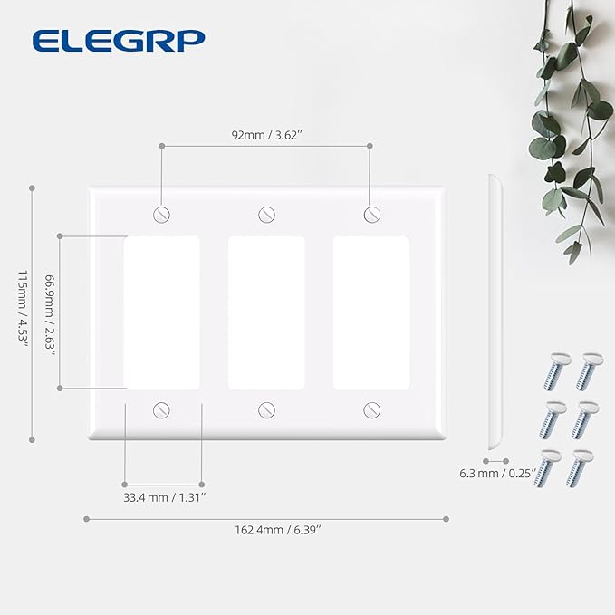 ELEGRP 3-Gang Decorative Wall Plates, Standard Size 4.53" H x 6.39" L Unbreakable Thermoplastic Faceplate Cover for Decorator Receptacle Outlet Switch, UL Listed (10 Pack, Glossy White)