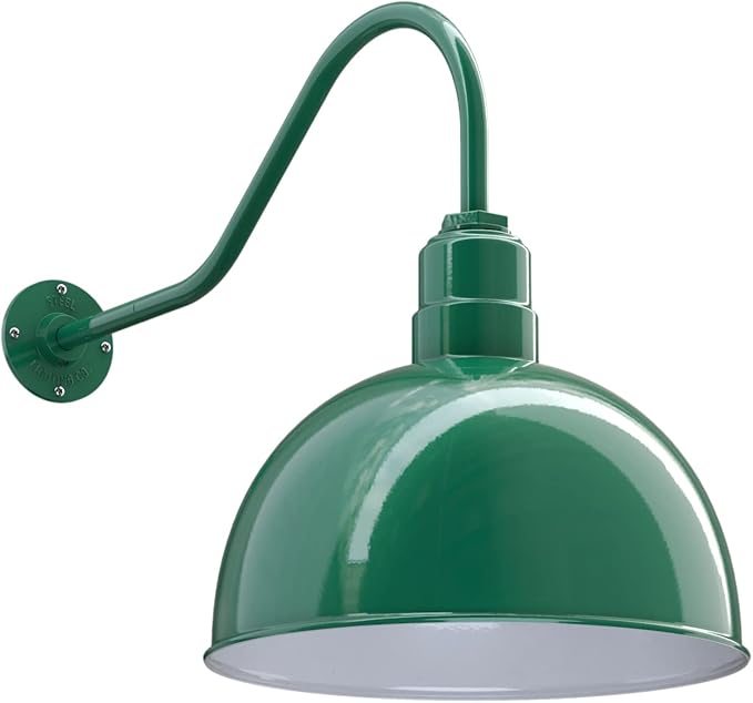 Steel Lighting Co. Hollywood Bowl Light | Outdoor Wall Mounted | 15 inch Bowl Dome | 23 inch Gooseneck | Barn Light Made in America | Green Exterior/White Interior