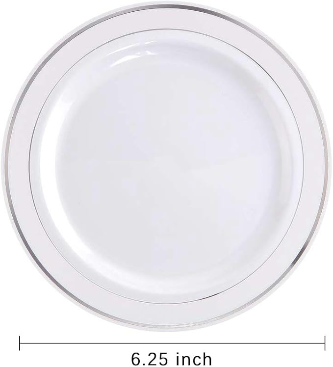 bUCLA 100Pieces Silver Plastic Plates - 6.25inch White with Silver Rim Disposable Salad/Dessert/Appetizer/Small Cake Plates for Weddings, Parties&Gathering
