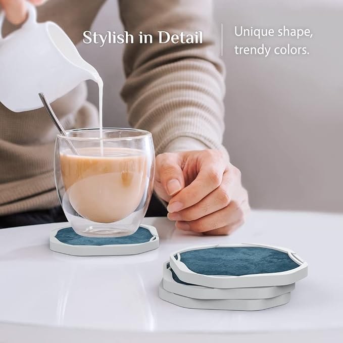 UMIRRO Absorbent Felt & Silicone Drink Coasters Set of 4, Teal Blue | Leakproof - Image 2