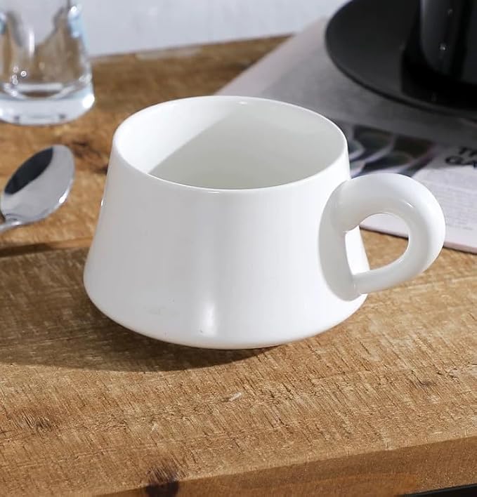 Set of 1 Ceramic Tea White Cup and Wood Saucer - 7 oz Tea Mug - Wide Cappuccino - Image 4