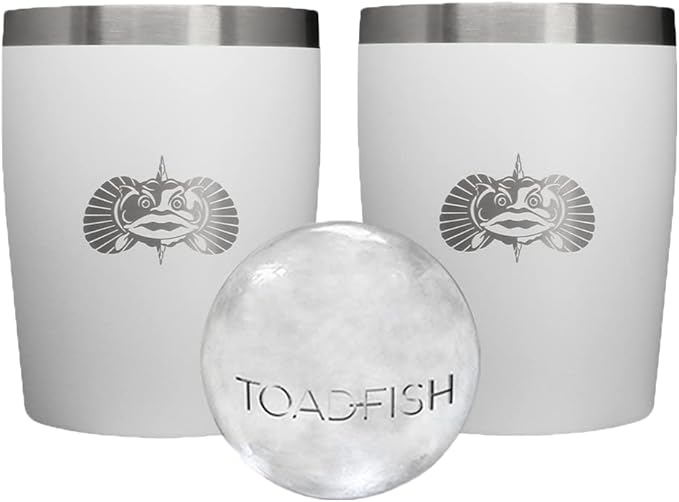 Toadfish Non-tipping 10oz Double Wall Insulated Stainless Steel Rocks Tumbler 2-Pack Gift Set w/Ice Ball Tray & Easy Slide Lid - White