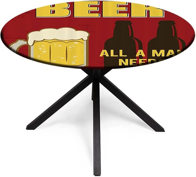 Polyester Tablecloth, Manly Decor Waterproof Oil-Proof PVC Table Cloth, Beer Mug and Two Bottles with Quotes Beer All, Fit Round Tables 56inch Diameter, for Wedding Party Dining Banquet Use