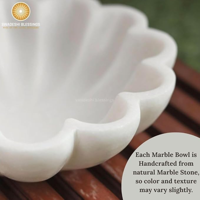 SWADESHI BLESSINGS HandCrafted Marble Decorative Bowl | White Ruffle Scalloped Fluted Key/Fruit Ring Dish | Organic Modern Home Decor (9 Inches)