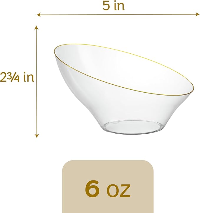 PLASTICPRO Angled Plastic Bowls Disposable Small Plastic Clear Serving Bowls with Gold Rim for Party for Appetizer Salads Pack of 8
