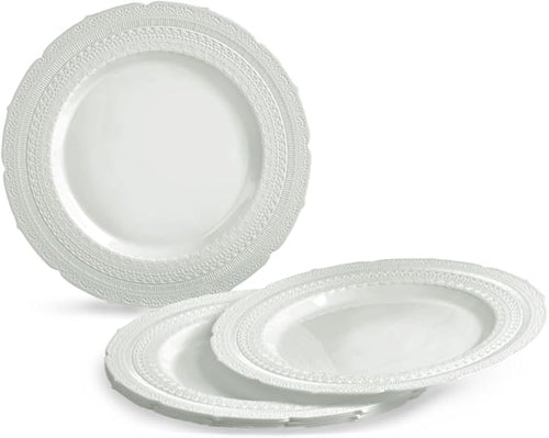 " OCCASIONS " 150pcs set (25 Guests)-Extra Heavyweight Vintage Wedding Disposable/Reusable Plastic Plates -25 x 11'' + 25 x 8.25'' +Silverware (Chateau Collection in Light Gray)