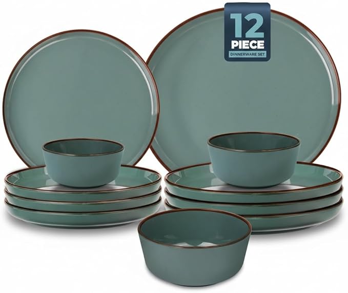 Melamine Dinnerware Sets 12 Piece Unbreakable Plates & Bowls Sets Lightweight Shatterproof Durable Dishware for Camping Picnic Party (Dusty Teal)