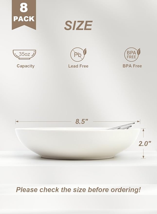 Quatish 35oz Pasta Bowls Set of 8, 8.5" Large Salad Bowls Soup Bowl for Kitchen, Microwave & Dishwasher Safe, Porcelain Wide and Shallow Serving Bowl, White Dinner Plates, Dinnerware Set, Gift