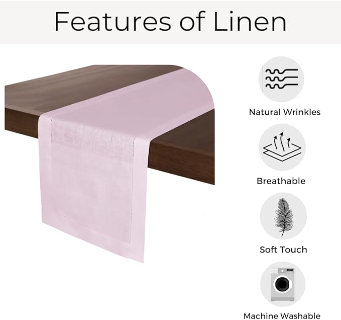 D'Moksha Homes Linen Pastel Pink Table Runner 48 Inches - Classic Hemstitch, 100% Pure Linen Coffee Table Runner 14 x 48 Inch Ideal for Dresser Tables, Valentines, Spring, Easter