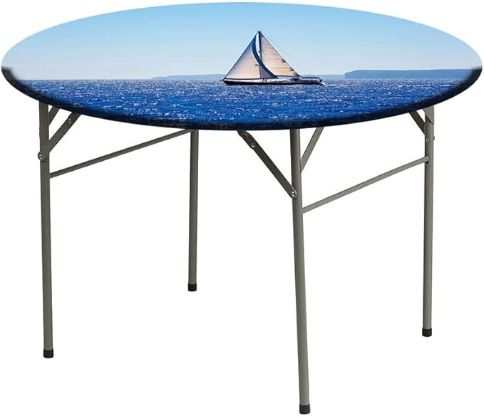 Small Round Tablecloth, Ocean Washable Polyester Table Cloth for, Blue Mediterranean Sailboat Sailing in Round Tables 61inch Diameter, for Dinner Kitchen Party Decoration, Blue