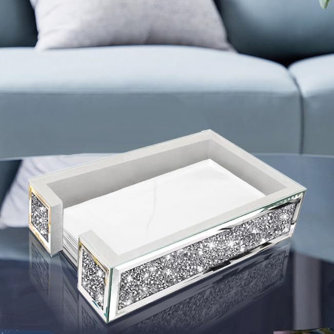 Wocred Mirror Guest Towel Napkin Holder,Crystal Crushed Diamond Dinner Napkin Holder for Dining Table,Rectangle Guest Disposable Towels Tray for Bathroom .(9.4”X5.7”X2.6”)