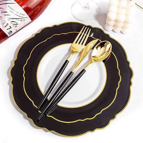 WDF 30Guest Black and Gold Plastic Plates - New Year Plates - Gold Plastic Silverware With Black Handle Baroque Black and Gold Disposable Dinnerware for New Year &Parties