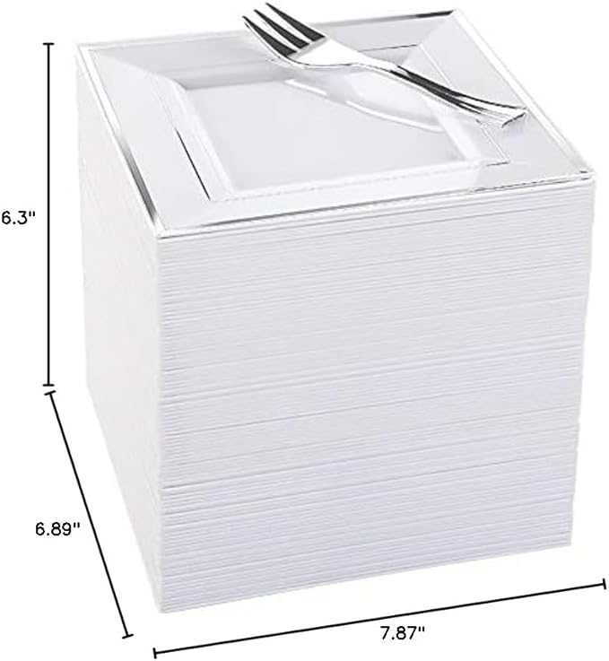 WDF Silver Plastic Dessert Plates with Plastic Forks - 6” 100 Square Disposable Appetizer Plates Small Plates Cake Plates with Silver Rim &100 Small Appetizer Forks for Party Wedding Valentine's Day