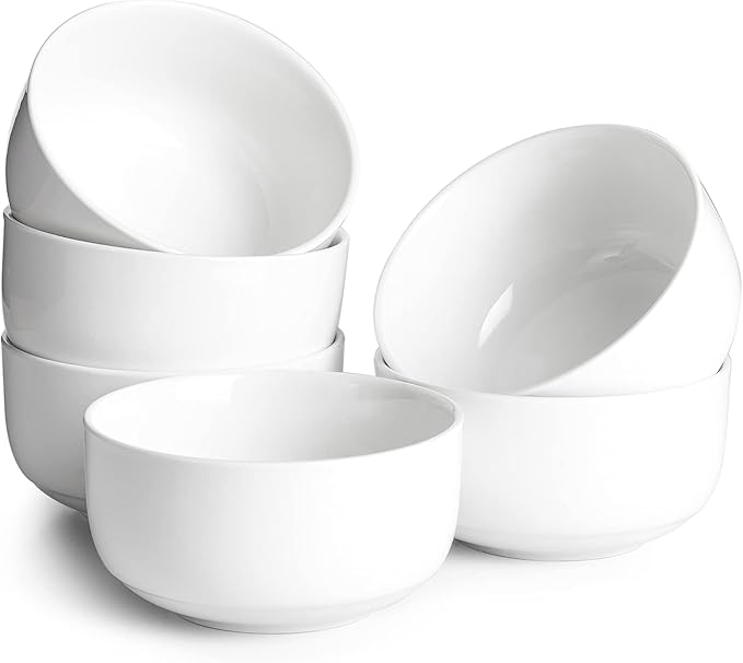 DOWAN White Ceramic Bowls Set of 6, 22 oz Ceramic Cereal Bowls, Everyday Cereal, Soup & Rice Bowls, Stackable Stoneware for Modern Kitchens, Dishwasher & Microwave Safe Bowl