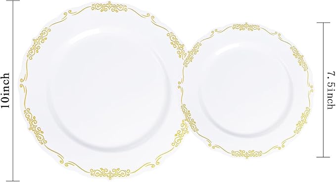 U-QE 100PCS Gold Plates Disposable - Heavy Duty White and Gold Plates Including 50PCS 10'' Dinner & 50PCS 7.5'' Dessert Plates Perfect for Upscale Party, Wedding
