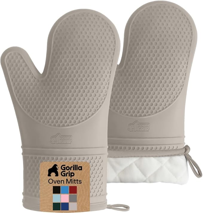 GORILLA GRIP BPA-Free Soft Silicone Oven Mitts, Heat Resistant and Waterproof Cooking Gloves, Thick Cotton Lining, Flexible Gripping for Baking Grilling, Kitchen Potholders Set of 2, 12.5x8.3, Almond