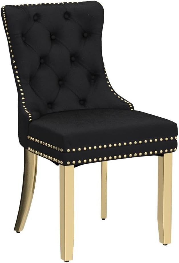 KCC Velvet Dining Chairs Set of 2, Upholstered High-end Tufted Dining Chair with Nailhead Back Ring Pull Trim Stainless Steel Legs, Contemporary Nikki Collection Modern Style for Kitchen, Black