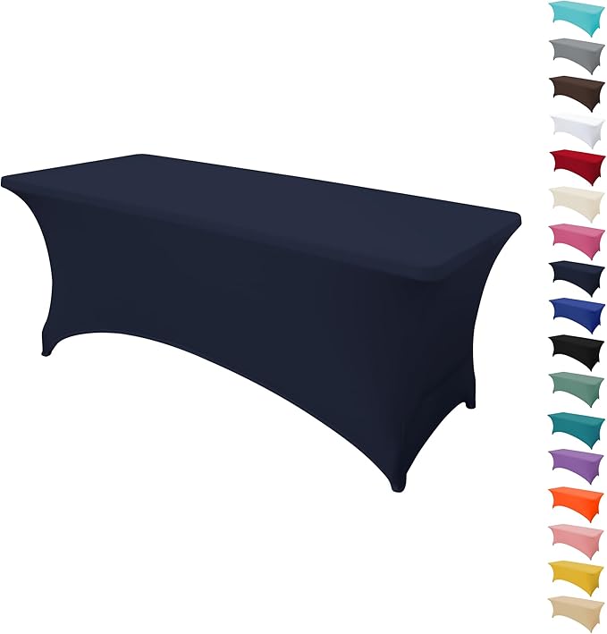 8FT Table Cloth for Rectangular Fitted Events Stretch Navy Blue Table Covers Washable Spandex Tablecloth Protector for Party, Wedding, Cocktail, Banquet, Festival