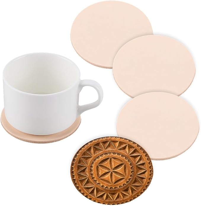 5PCS 3.23 Inch Round Vegetable Tan Genuine Leather Pad for Laser Engraving 3mm Thick Tooling Veg Circular Leather Pieces Sheet for Coasters Tooling Stamping Carving