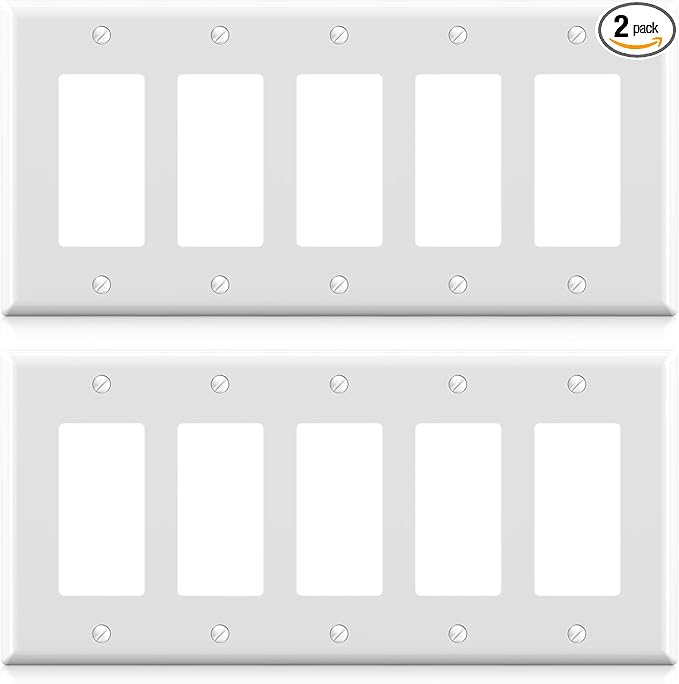 ELEGRP 5-Gang Decorative Wall Plates, Standard Size 4.52" H x 10.03" L Unbreakable Thermoplastic Faceplate Cover for Decorator Receptacle Outlet Switch, UL Listed (2 Pack, Glossy White)