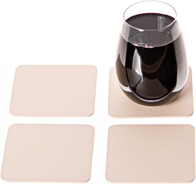 Nikalaz Set of Small 4 Table Mats and 4 Coasters, Recycled Leather, Place Mats 15.7'' x 11.8'' and Coasters 3.9'' x 3.9'' (Creamy White with Light Pink Nuance)