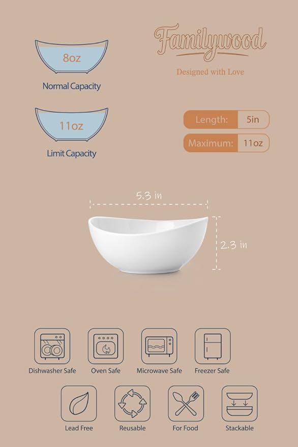 Small Porcelain Bowls, 11 OZ Ceramic Serving Bowls for Dessert, Set of 6 Plates for Condiment Ice Cream, Soup Sauce, Rice, Fruits, Portions Dish, Pure White (5 Inch(11 Ounce))