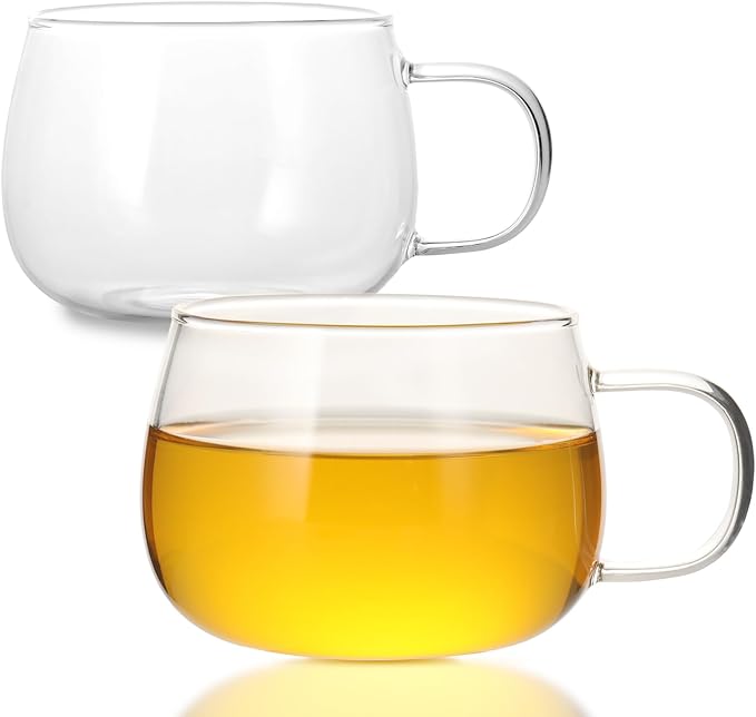 Glass Tea Cups Set of 2, Dishwasher & Microwave Safe Large Coffee Mugs by GURUDAR