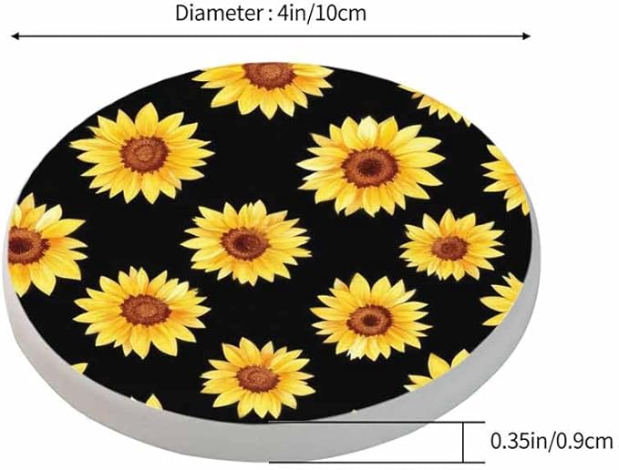 Sunflowers Cup Coasters Set of 2 Chamomile Cornflowers On Black Beautiful Watercolor Floral Wooden Table Apartment Decor 100% Diatomite for Drinking Glasses,4 Inches